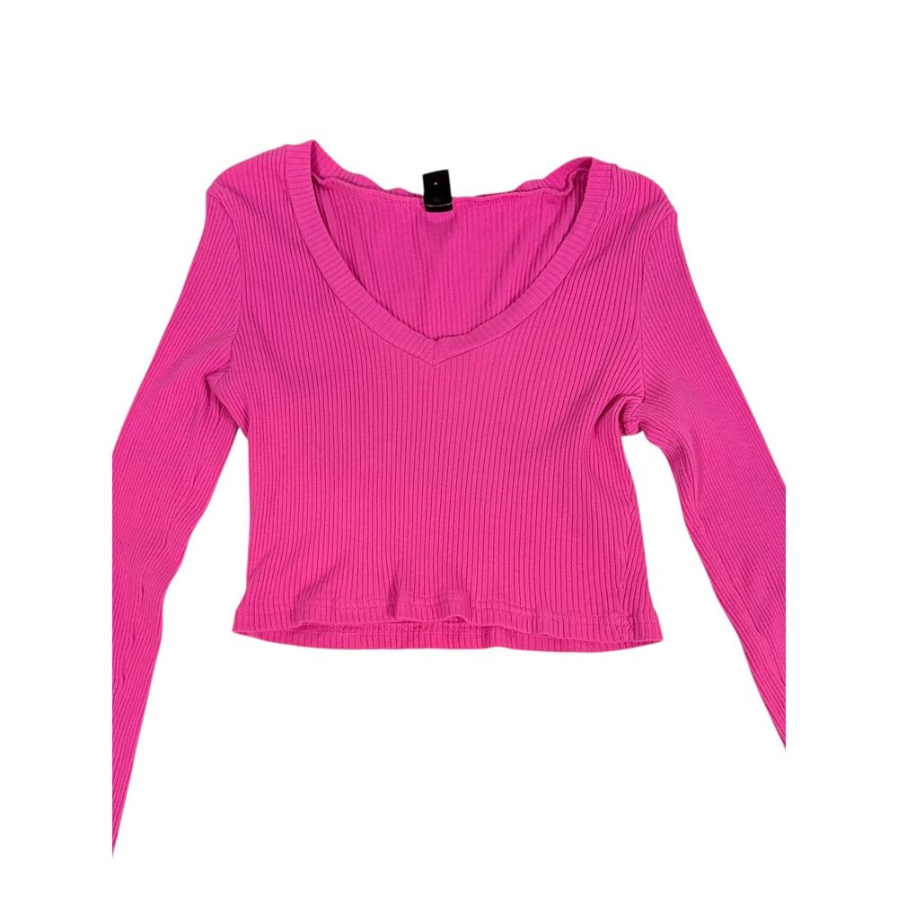 SHEIN Women Small Ribbed Long‎ Sleeve Magenta Pink V Neck Crop Top Barbiecore